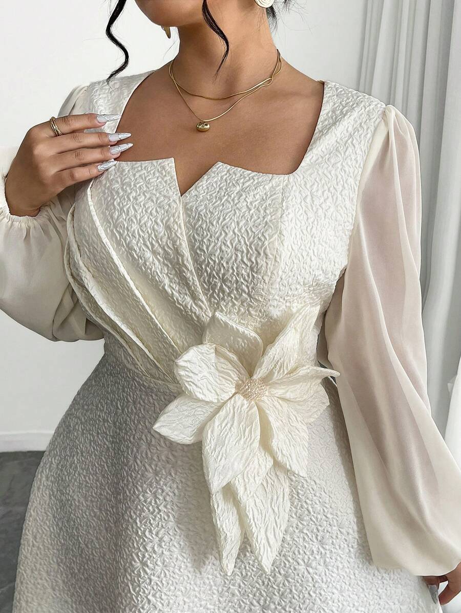 Modelyn Plus Size Apricot Textured Three-Dimensional Floral Square Neck Waist Fitted A-Line Dress Fall Cloth For Women - Beige - View 1