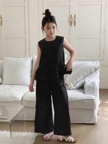 Hapijoa 2pcs/Set Tween Girl Sleeveless Shirt And Long Pants, Spring/Summer,Back To School Clothes - Black - View 1