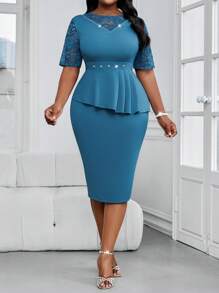 SHEIN Lady 大码优雅夏季蕾丝拼布铆钉装饰修身连衣裙 - 藍色 - 查看 7