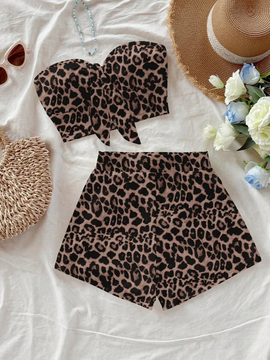 Soleia 女士豹纹打结前短款上衣和紧身迷你短裤套装，休闲夏季服装 - 彩色 - 查看 1