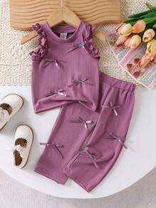 SHEIN Baby Girl Summer Casual Bow Decor Vest And Pants 2 Pieces Set