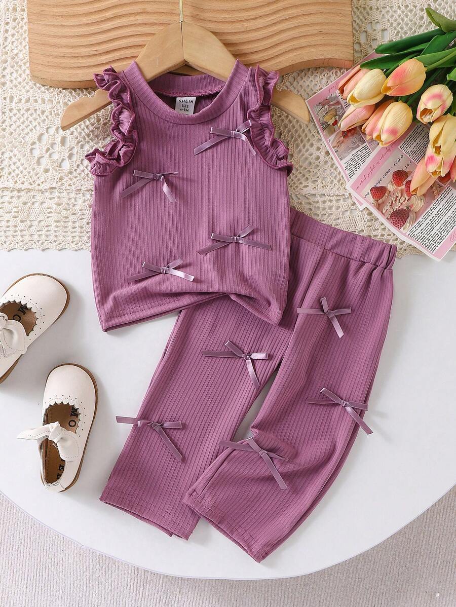 SHEIN Baby Girl Summer Casual Bow Decor Vest And Pants 2 Pieces Set
