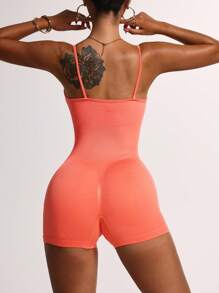 SHEIN Dewbera Women's Yoga Rompers One Piece Ribbed Spaghetti Strap Exercise Romper - Orange - View 5