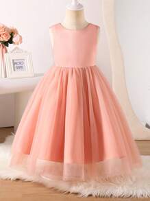 Glamorique Kids Girls Elegant Pink Mesh Formal Dress, Luxury French Style Net Skirt Shoulder-Revealing High-End Dress With Bow Decor Party Dresses For Girls Dresses Elegant For Girls Princess Dresses For Girls Girl Dresses For Party