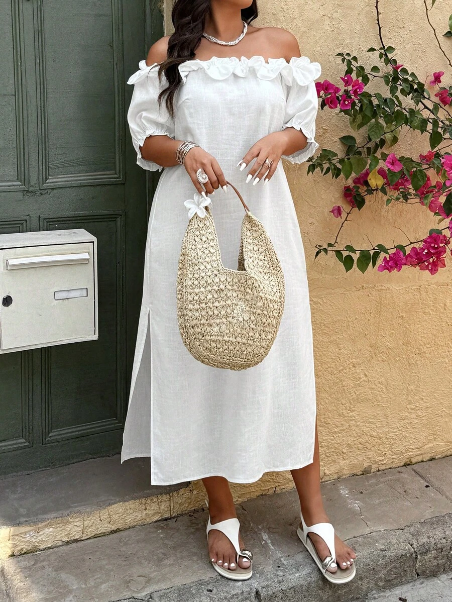 SHEIN Unity Plus Size Holiday Casual Solid Color Off-Shoulder Side Split Dress