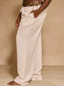 MUSERA 大码中腰阔腿抽绳腰带优雅可爱性感长裤，适合度假沙滩装、夏季休闲日常穿着，也可作为罩衫或沙滩装。 - 白色 - 查看 3