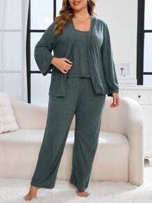 Pijama de talla grande para mujer con bata de mangas largas de unicolor con cinturón en la cintura, camiseta y pantalones