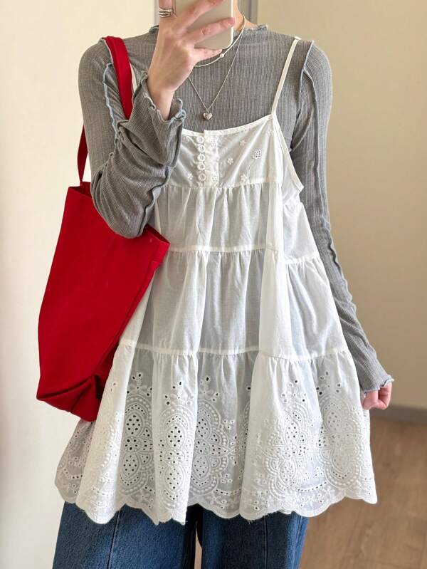 FRIFUL Women's Apricot Embroidered Camisole, Countryside Style For Summer Babydoll Top
