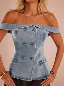 SHEIN Forever 21 Spring & Summer Women Off Shoulder Denim Top