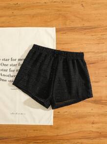 Tween 女童度假纯色弹性腰部休闲罩衫短裤 - 黑色 - 查看 4