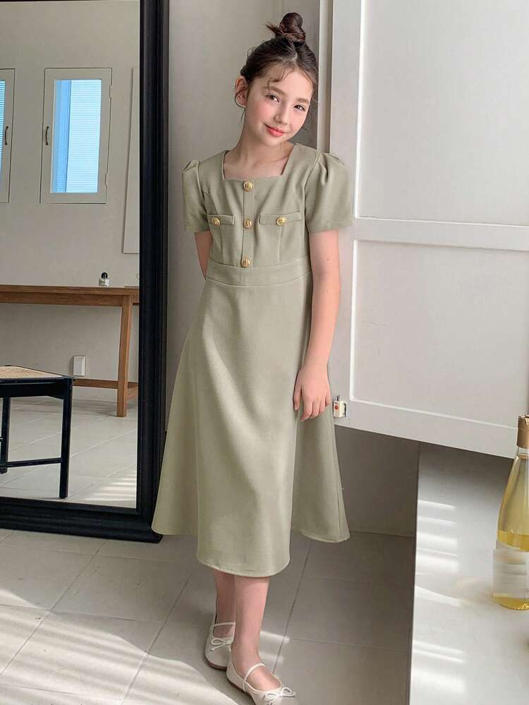 Tween Girl Square Neck Woven Short Sleeve Dress, Summer,Back To School Clothes