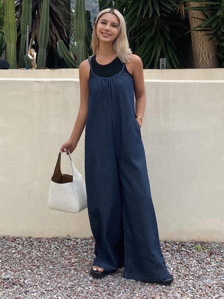 Women's Vacation Casual Striped Wide Leg Denim Jumpsuit
