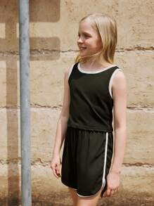 SHEIN 3pcs Girls' Casual Vest, Sporty Shorts And Vintage Graphic Tee Set, Summer - Multicolor - View 5