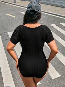 CovetEZ Plus Size Women's Casual Sweetheart Neck Short Sleeve Black Bodysuit, Summer - Black - View 2