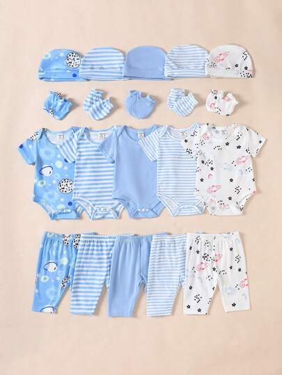 20 件套男婴服装套装：5 件连体衣 + 5 条裤子 + 5 顶帽子 + 5 副手套，夏季