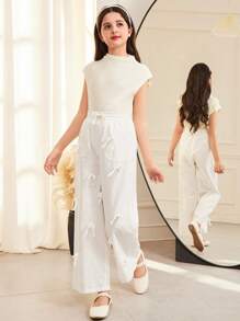 SHEIN Tween 女童休闲度假简约 3D 蝴蝶结宽腿直筒裤，白色 - 白色 - 查看 3