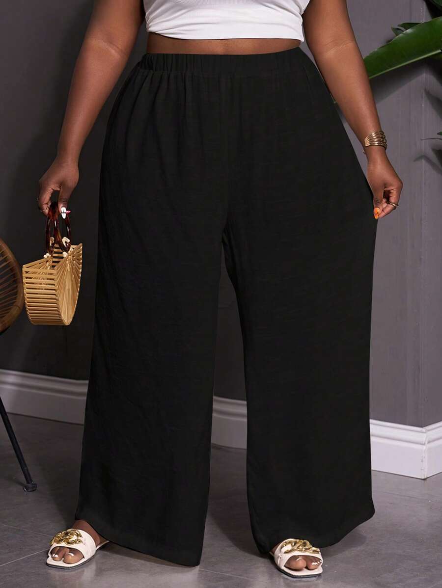 SHEIN CURVE+ 大码纯色宽松阔腿罩衫裤，休闲度假风格 - 黑色 - 查看 1