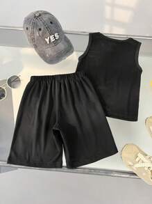 2 Pieces Set:Young Girl Sleeveless Vest And Elastic Waist Shorts,Cool Sporty Style,Light Thin Non-Fleece For Summer,Mother's Day,Urban Street Style - Black - View 2