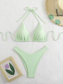 Swim Mod 女士纯色露背比基尼套装，简约时尚，适合日常休闲海滩穿着 - 綠色 - 查看 1