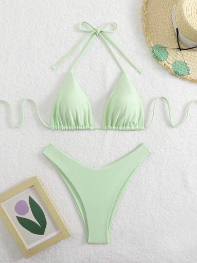 Swim Mod Enfärgad Halter Neck-bikini för kvinnor, enkelt och moderiktigt för vardagskläder på stranden