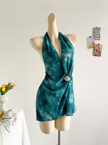 Soleia Đầm ngắn hở lưng xếp nếp cổ chữ V sâu phối nơ nhiều màu sắc cho kỳ nghỉ của phụ nữ - Nhiều màu - Xem 7