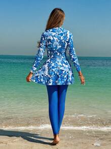 Swim Mulvari Two Pieces Floral Print Full Coverage Long Sleeve Maxi Top Plus Solid Color Pants Burkini Swimwear Set Women's Swimwear For Summer Beach Vacation - Blue - View 2