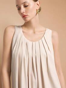 Ontre 2025 Women Solid Color Pleated Round Neck Sleeveless Casual Dress