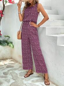 Breezaya Rund halsringning Ärmlös resår i midjan Småblommiga jumpsuits, vår/sommar - Bourgogne - Visa 5