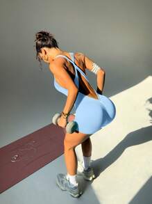 Slayform Women's Solid Color Hollow Back Skinny Fitness Jumpsuit, Summer