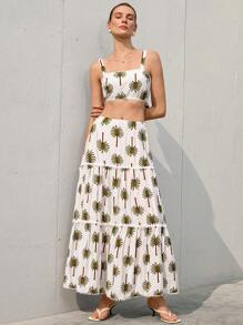 SHEIN Privé 2pcs/Set Women's Elegant Vacation Palm Tree Print Wide Strap Tank Top With Ruffle Hem Flared Skirt Suit - Multicolor - View 3