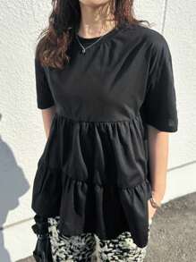 FRIFUL Camiseta negra holgada y casual para mujer, ropa de verano, top tipo babydoll