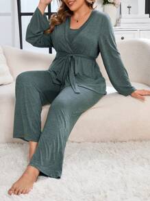 Pijama de talla grande para mujer con bata de mangas largas de unicolor con cinturón en la cintura, camiseta y pantalones