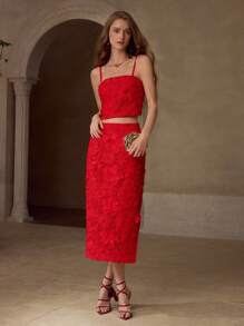 MOTF PREMIUM Women's Elegant Solid Color Embroidered Applique Camisole, Summer - Red - View 7