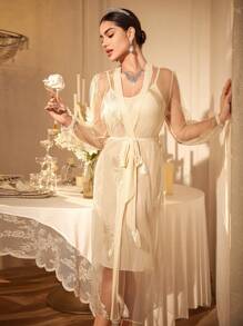 SHEIN Hochzeitssaison Set mit schwerer bestickter Feder-Mesh Robe und Camisole Pyjama - Champagnerfarben - Übersicht 4