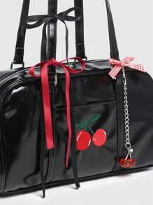 ROMWE Kawaii 女士复古可爱格子蝴蝶结带樱桃心装饰单肩腋下包，多口袋波士顿单肩包