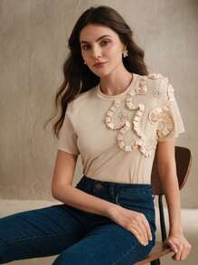 Anewsta 女款白色 3D 花卉弹力圆领短袖 T 恤图案 T 恤女式上衣