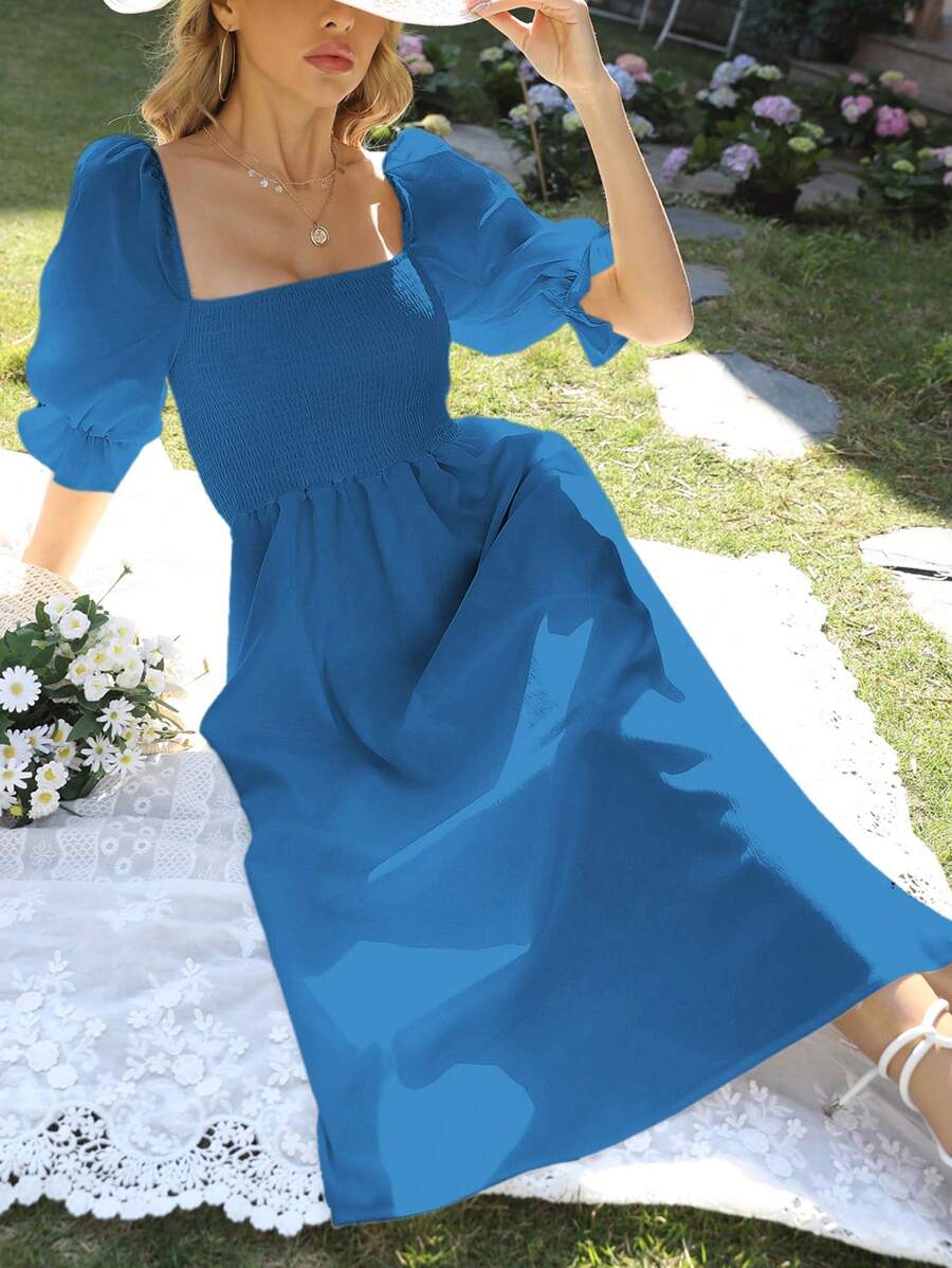 GENKIRA 方领褶皱细节泡泡袖 A 字型连衣裙度假装女士 - 寶藍色 - 查看 1
