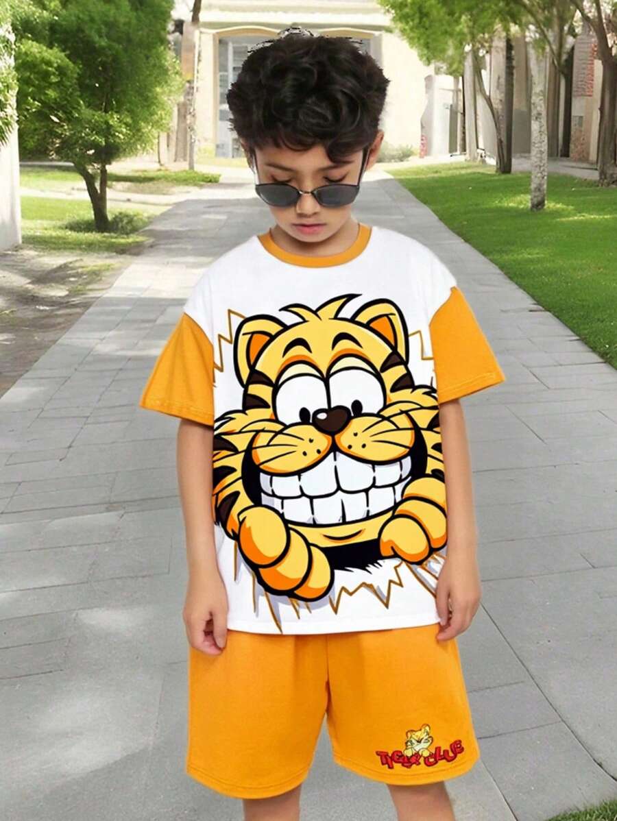 2pcs Kids Boys Cute Cartoon Animal Graphic Short Sleeve T-Shirt And Shorts Set - Multicolor - View 1