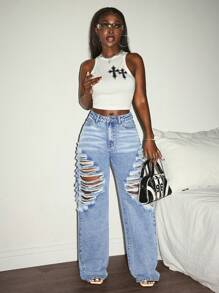 Slaydiva 女式口袋休闲破洞高腰直筒牛仔裤 - 淺色水洗藍 - 查看 3