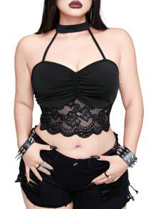 Whyspr Top scurt casual Punk Rave Plus Size pentru femei, sexy, din dantelă, cu imprimeu de patchwork, fără spate, cu halter - Negru - Vizualizare 7