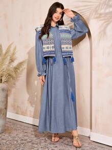 Al Najma Conjunto de vestido largo de unicolor y chaleco con estampado geométrico para mujer, modesto