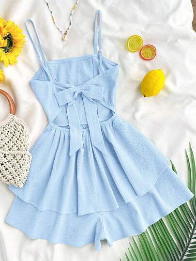 SHEIN 少女雪纺层叠荷叶边撞色泡泡下摆蝴蝶结连体裤，休闲连体裤裙，适合春夏季