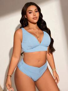 Swim Lushoire Plus Size Simple Textured Fabric Solid Color Bikini Swimwear Set, Suitable For Beach For Summer Beach Vacation - Blue - View 5