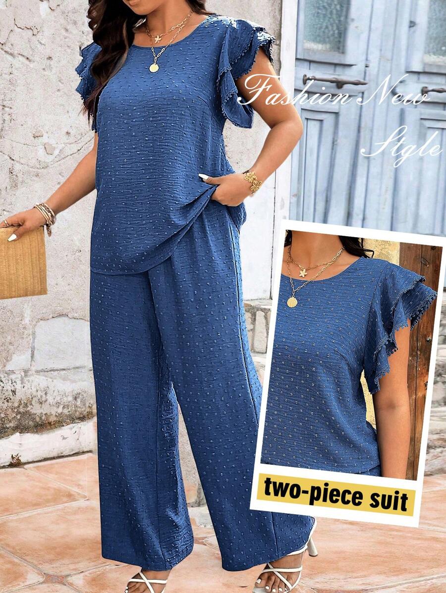 SHEIN LUNE 大码纹理仿亚麻面料圆领分层盖袖蕾丝花边衬衫 + 直腿宽松裤 2 件套 - 藍色 - 查看 1