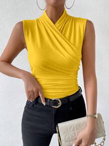 Chiquease Solid Color Cross-Wrap Ruched Elegant Sleeveless Tank Top, Summer - Yellow - View 3