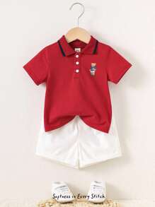 Cozy Pixies 2 Stücke/Set Baby Jungen Outfit mit Cartoon Muster, weicher gestrickter Polo Kragen Knopfhemd und Shorts mit Gummibund