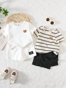 SHEIN 4件套男童/女童夏季韩版休闲可爱卡通图案条纹短袖T恤和松紧腰工装短裤套装 - 白色 - 查看 3