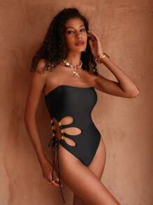 Swim Chiccia 1pc Women's Solid Color Hollow Out Spaghetti Strap Backless One-Piece Swimsuit With Pearl Decor, High-Cut Thong Style For Summer Beach Vacation - Black - View 1