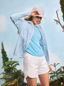 In My Nature Women's Solid Color Raglan Sleeve Long Sleeve Zipper Front Hooded Sun Protection Jacket Hiking Women Clothes - Baby Blue - View 6