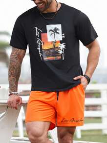 Manfinity RSRT Conjunto de 2 piezas para hombres talla grande con camiseta de manga corta con estampado de letra y pantalones cortos con cordón en la cintura, conjunto casual de verano